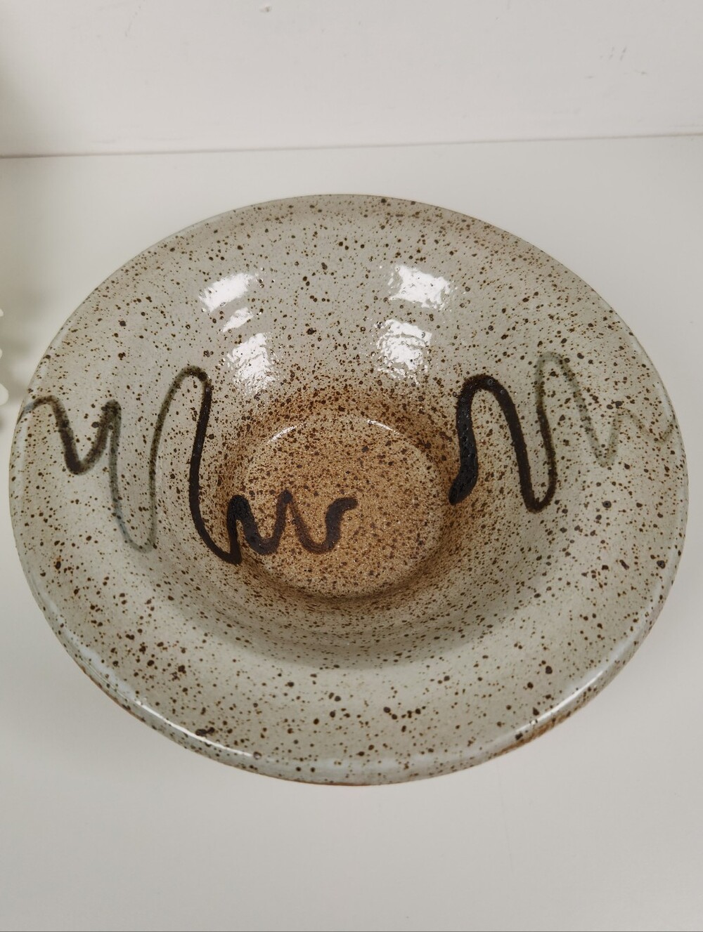 90s Signed Studio Pottery Rustic Bowl | Speckled Stoneware Trinket Dish 8"